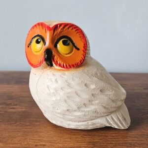 Vtg 1974 Chalkware Owl Coin Bank White Orange Yellow Bird Figurine Mod Groovy